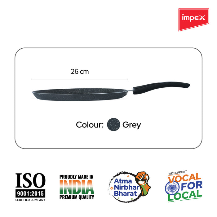 Impex Royal Granite nonstick Tawa pan 26 cm (RTP26G) with 5-Layer Granite Coating, Induction Base Tawa pan Compatible for Induction, Electric and Gas Stove Tops Having 1 Year Warranty (Grey)