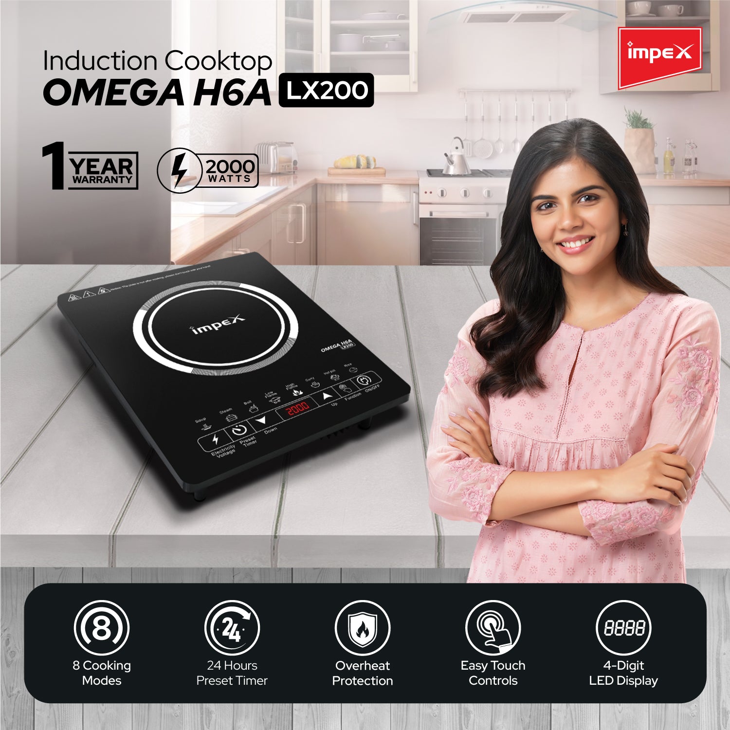IMPEX 2000 W Induction Cooktop Touch Panel  (Black, 8 Cooking Modes,Overheat Safe,24H Preset Timer,Fast Heating, H6A LX200)