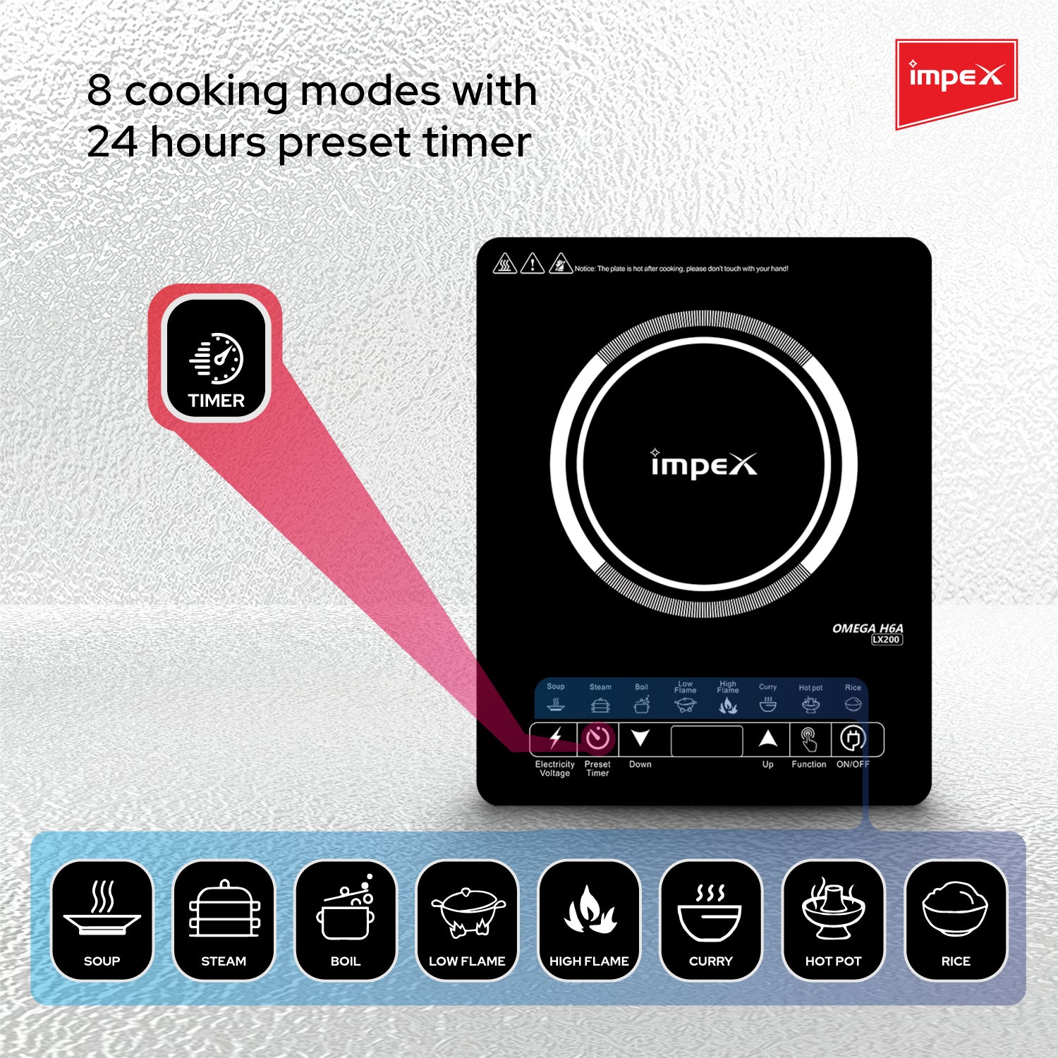 IMPEX 2000 W Induction Cooktop Touch Panel  (Black, 8 Cooking Modes,Overheat Safe,24H Preset Timer,Fast Heating, H6A LX200)