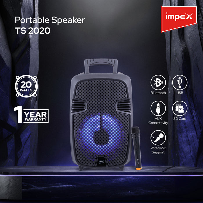 Impex Portable Speaker TS 2020 With Wireless Mic, Supports AUX, Bluetooth, USB, TF, FM Radio, 1 Year Warranty(Black)