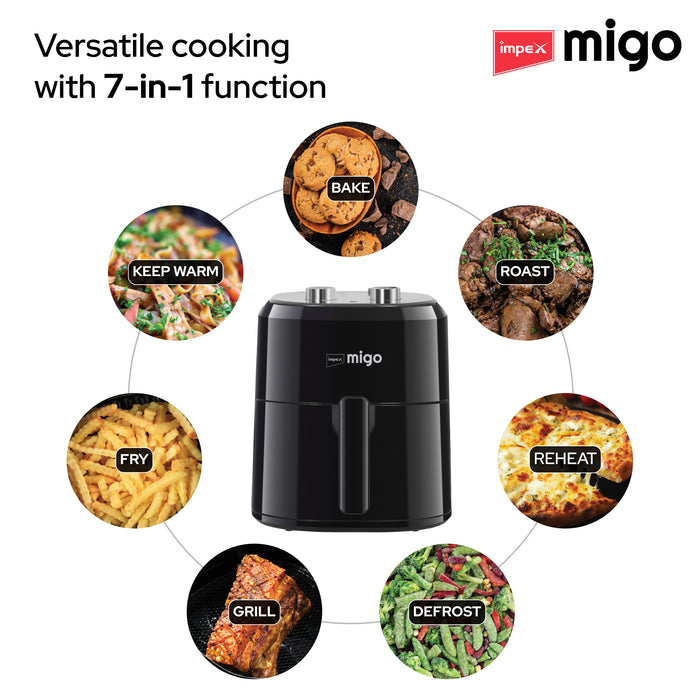 Impex Migo Air Fryer 1200 W Oil-free Cooking 4.5 L Instant Electric Air Fryer for Home Auto Cut Off, Fry, Grill, Roast, Steam, and Bake 2 Years Warranty (Black)