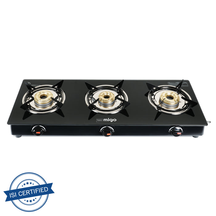 Impex Migo 3 Burner Gas Stove 6 mm Toughened Glass Top LINEA 3B, 1 Year Warranty (Black)