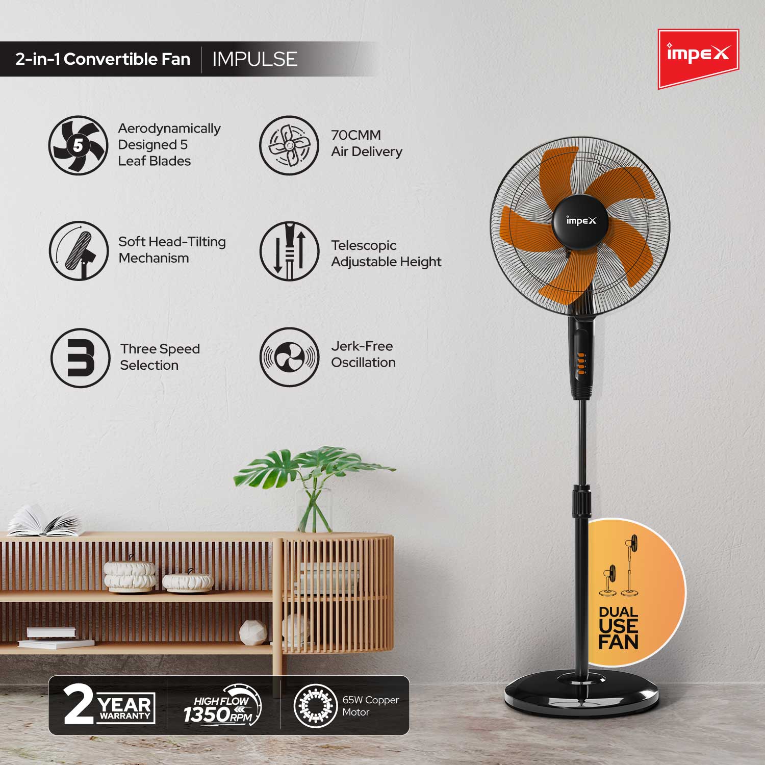 Impex Impulse 400 mm Table pedestal 2 in 1 convertible fan with 2 years warranty (Orange and Black)