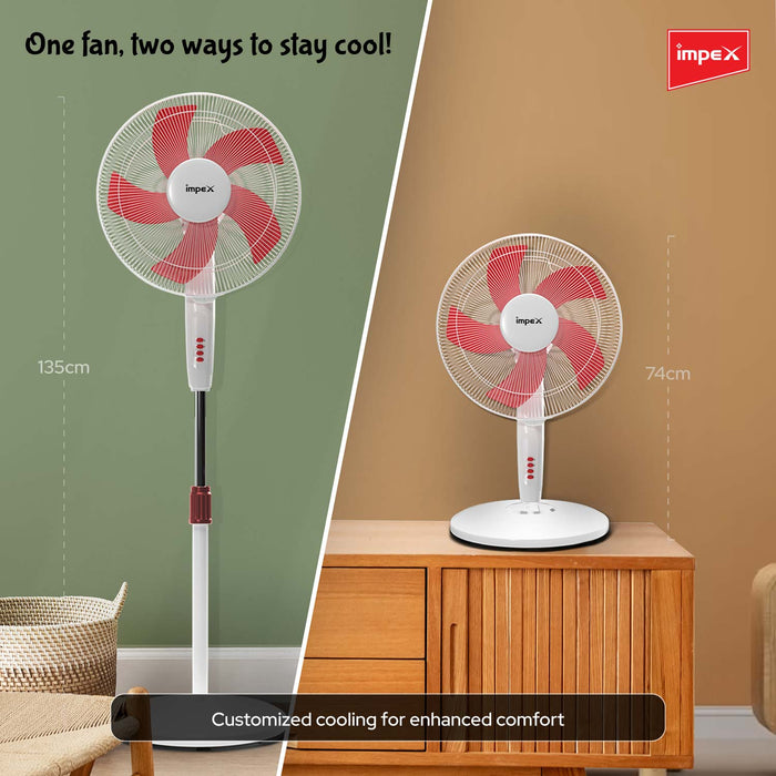 Impex Impulse 400mm Table pedestal 2 in 1 convertible fan with 2 years warranty (Red and White)
