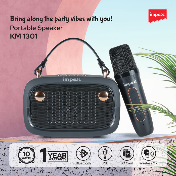 Impex Portable Speaker KM 1301 With Wireless Mic, Supports Bluetooth, USB, TF, FM Radio, 1 Year Warranty(Black)