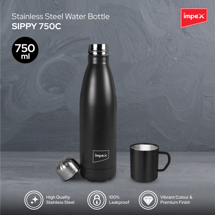 Impex Stainless Steel Water Bottle SIPPY 750C | Leak Proof | Office Bottle | Gym Bottle | Home | Kitchen | Hiking | Treking Bottle | Travel Bottle (Black)