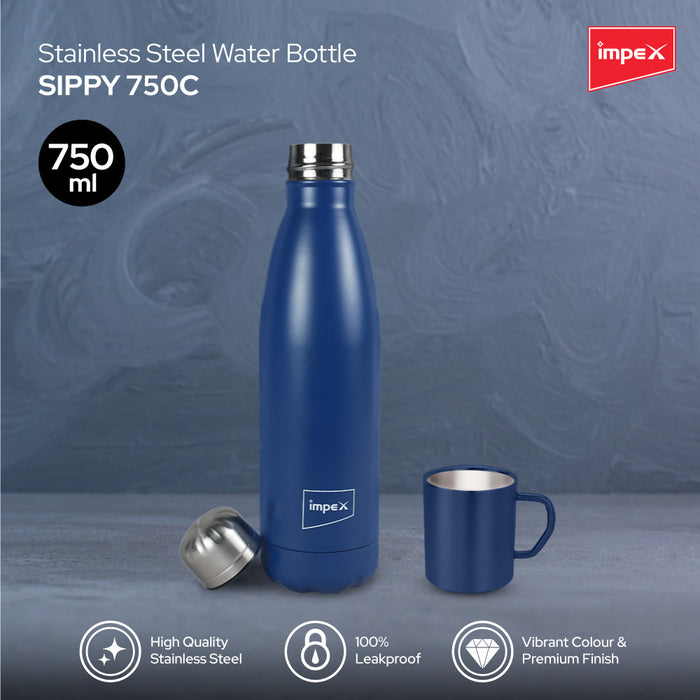Impex Stainless Steel Water Bottle SIPPY 750C | Leak Proof | Office Bottle | Gym Bottle | Home | Kitchen | Hiking | Treking Bottle | Travel Bottle (Blue)
