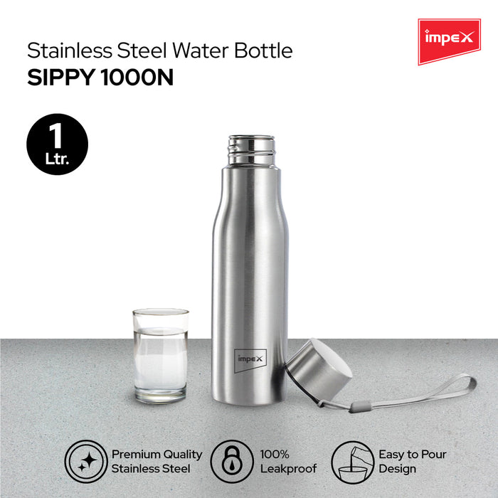 Impex Stainless Steel Water Bottle SIPPY 1000N, 1000 ml, Silver | Leak Proof | Office Bottle | Gym Bottle | Home | Kitchen | Hiking | Treking Bottle | Travel Bottle (Silver)