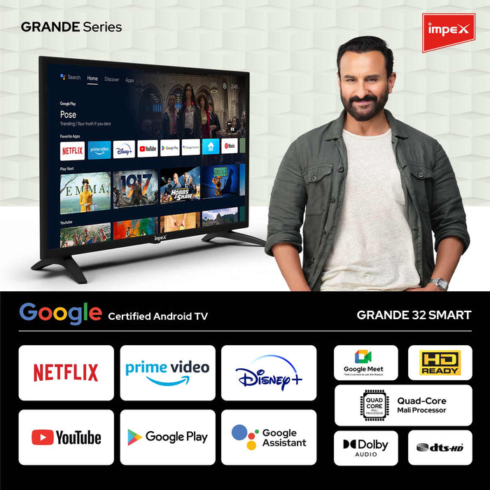 Impex Grande 32 80 cm (32 inch) Google Certified Smart Android 9 HD Ready LED TV, 1 Years Warranty, Storage Memory 8GB and 1GB RAM