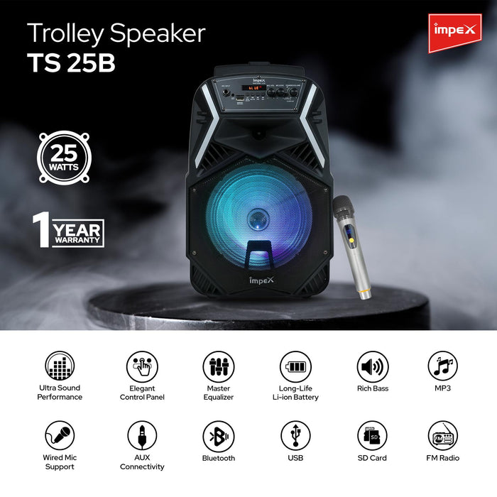 Impex TS-25B 25 Watts Multimedia Portable Trolley Speaker with USB/SD/TF/FM Radio/AUX/Remote/Bluetooth/Wireless Mic & DJ LED Light Function (Black)