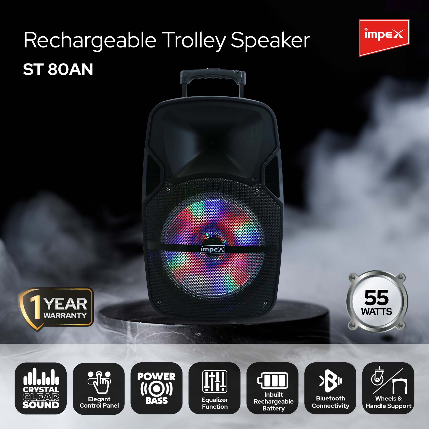 Impex ST-80AN 55 Watts Multimedia Portable Trolley Speaker with USB/SD/TF/FM Radio/AUX/Remote/Bluetooth/Wireless Mic & DJ LED Light Function (Black)