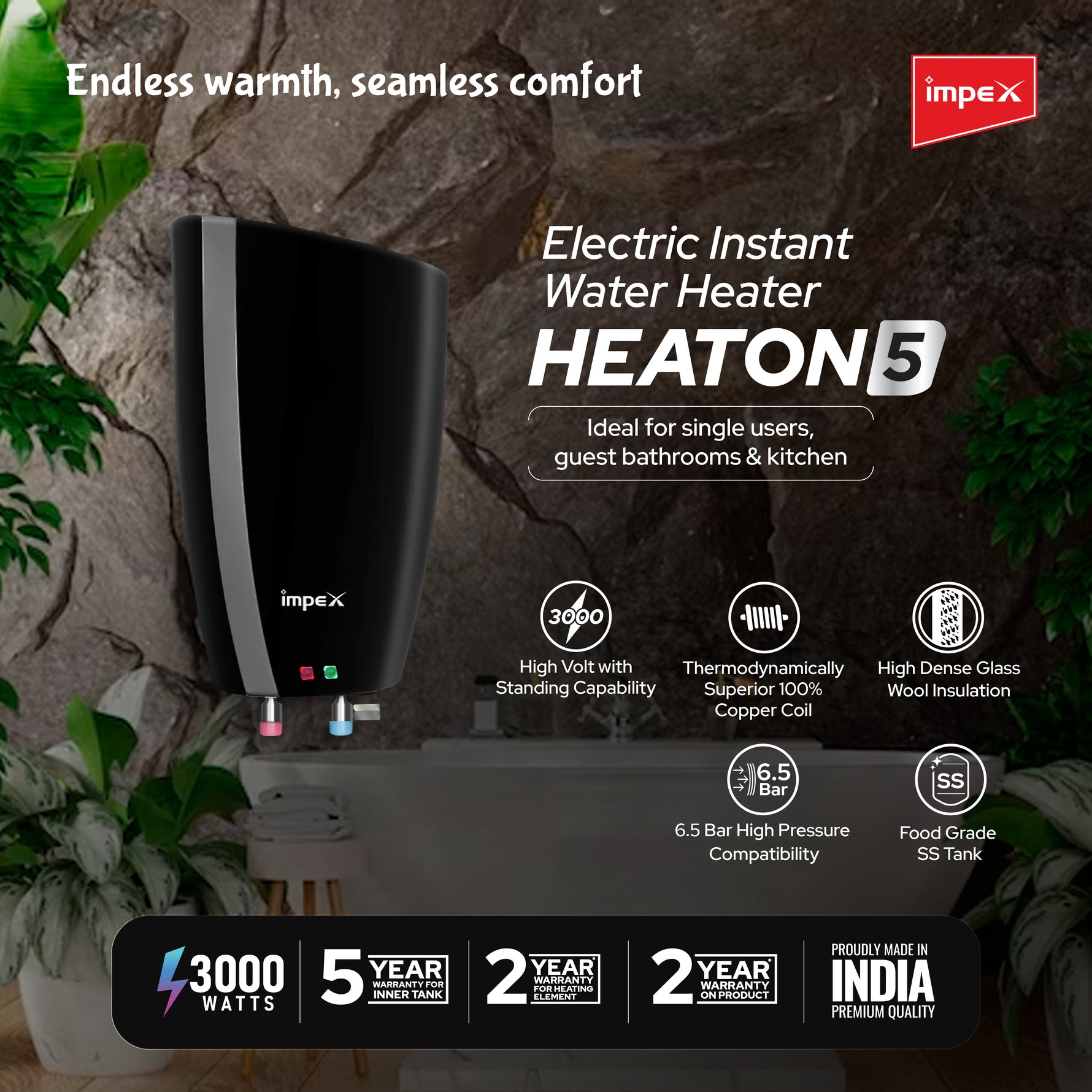 IMPEX HEATON BK Instant Water Heater -5L, 3000W, Bar