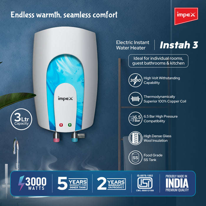 Impex INSTAH 3 Instant Water Heater - 3L, 3000W, High-Pressure 6.5 Bar, Rapid Heating, White