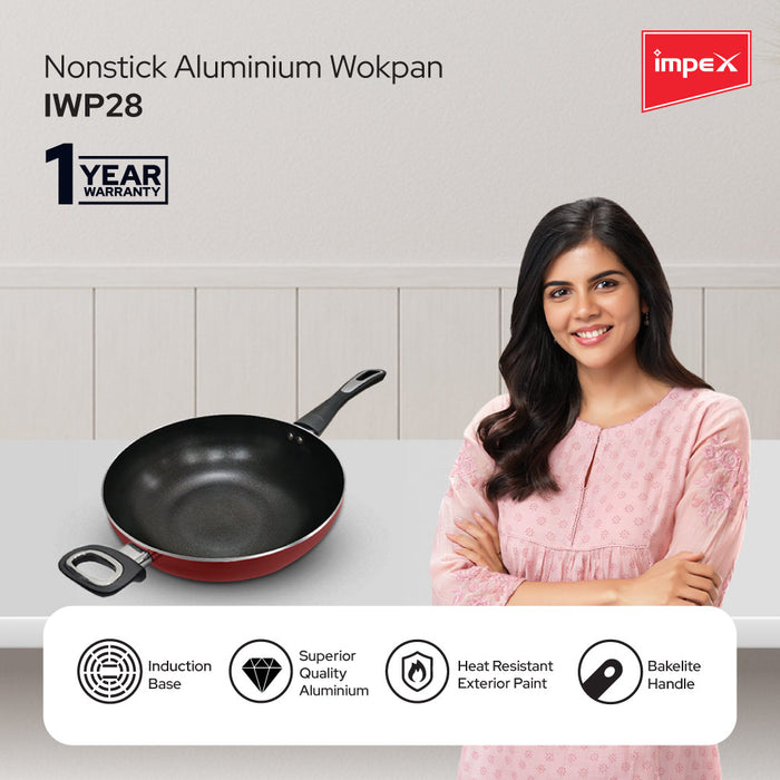 Impex Rhythm Nonstick Aluminum Wok pan 28 cm (IWP28) with Induction Base deep Wok pan Compatible for Induction, Electric and Gas Stove Tops Having 1 Year Warranty (Maroon Metallic)