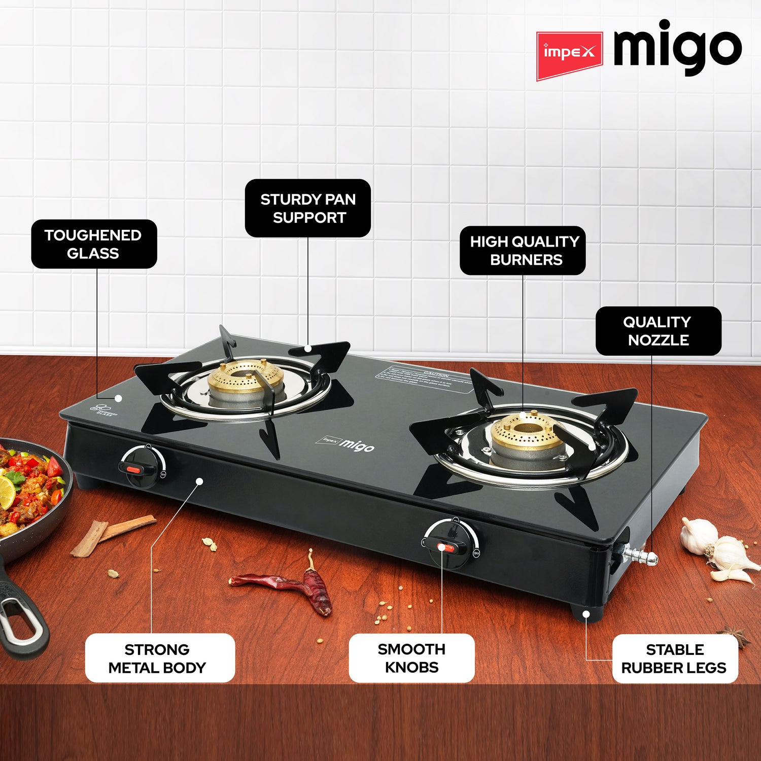 IMPEX Migo 2 Burner Glass top Gas Stove Linea 2B,  6mm Toughened Glass top, 1 Year Warranty
