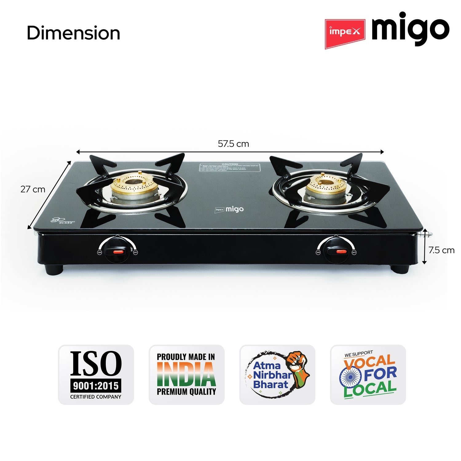IMPEX Migo 2 Burner Glass top Gas Stove Linea 2B,  6mm Toughened Glass top, 1 Year Warranty