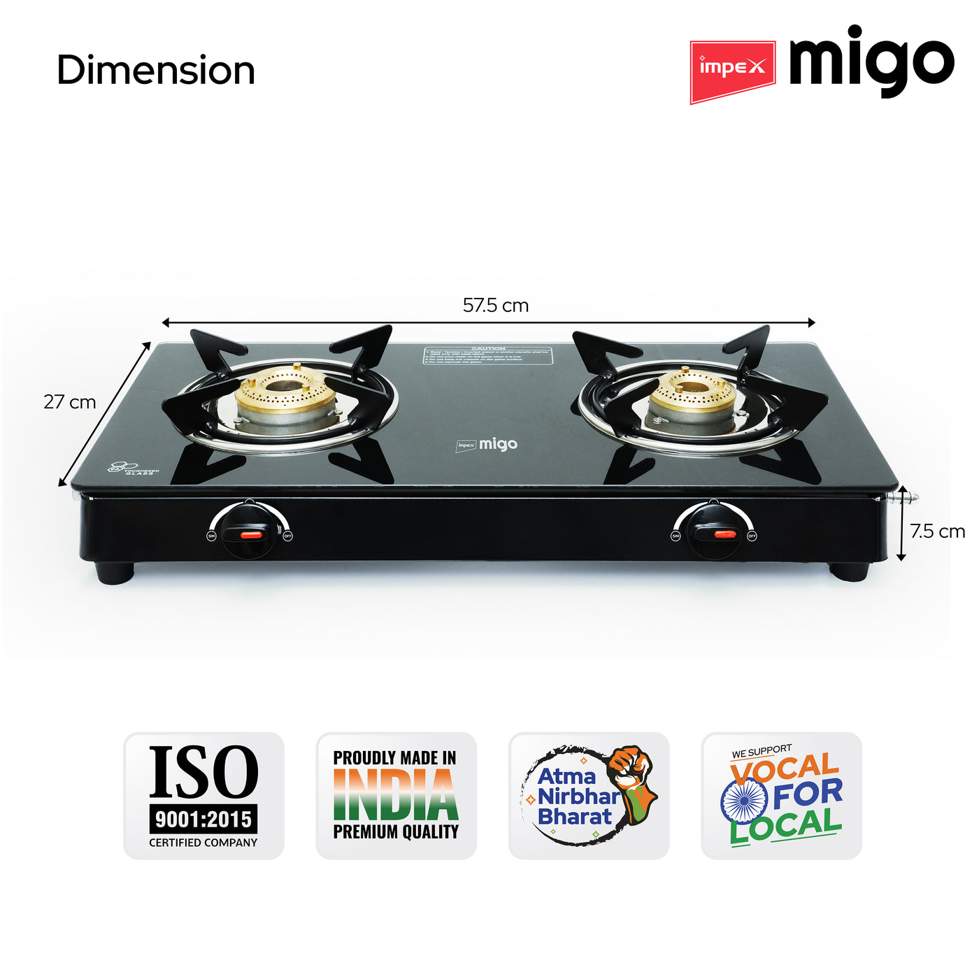 IMPEX Migo 2 Burner Glass top Gas Stove Linea 2B, 6mm Toughened Glass