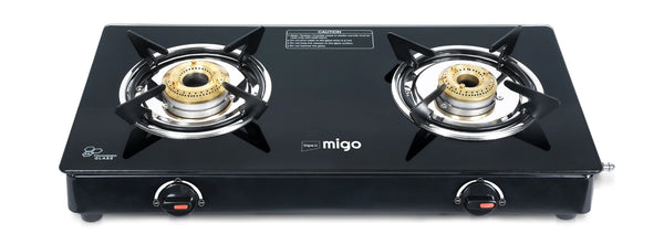 MIGO Linea 2 Burner Glass Top Gas Stove | 6mm Toughened Glass | Mild Steel Body | Manual Ignition | Open Burners | ISI Certified | 1 Year Warranty