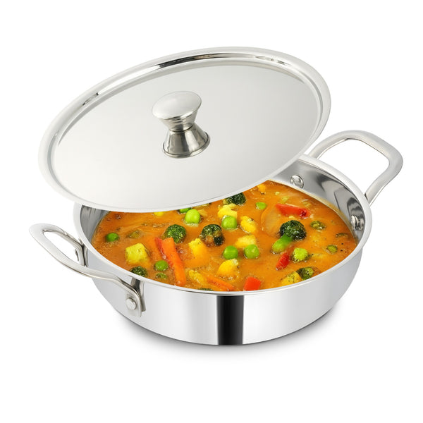 MIGO Migo Ultra-Thick Deep Kadai | Uniform Heating | Super Strong SS Wired Handles and Non-Rustic Material | Kadhai 24 cm diameter with Lid 2.9 L capacity
