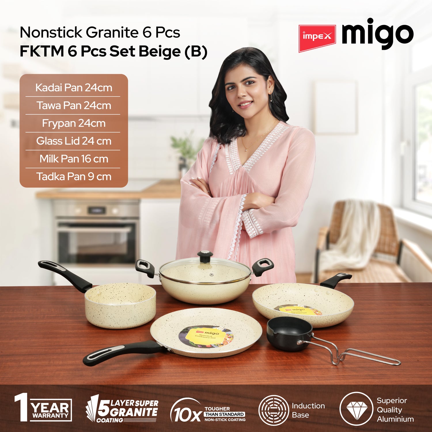 Impex Migo Nonstick Granite 6 Pcs Induction bottom Cookware set