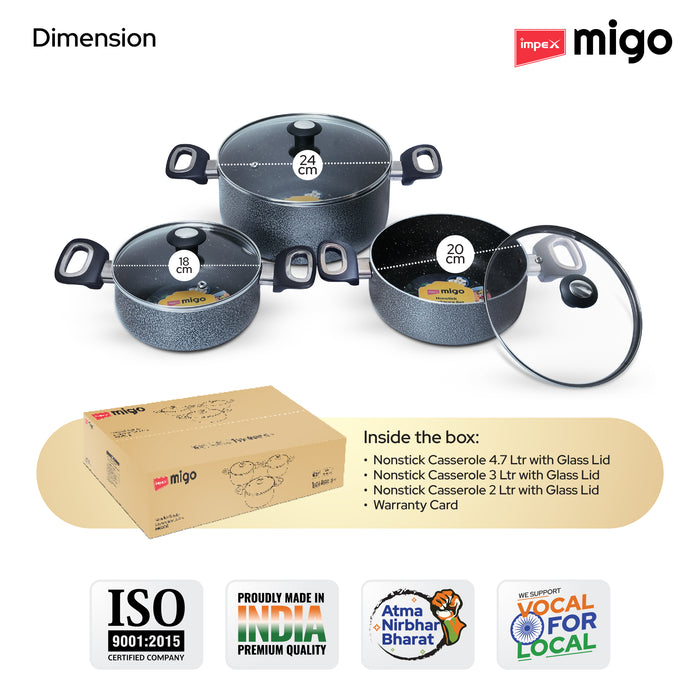 Impex Migo Cook and Serve Casserole Set 6 Pcs Nonstick Granite Cookware Set