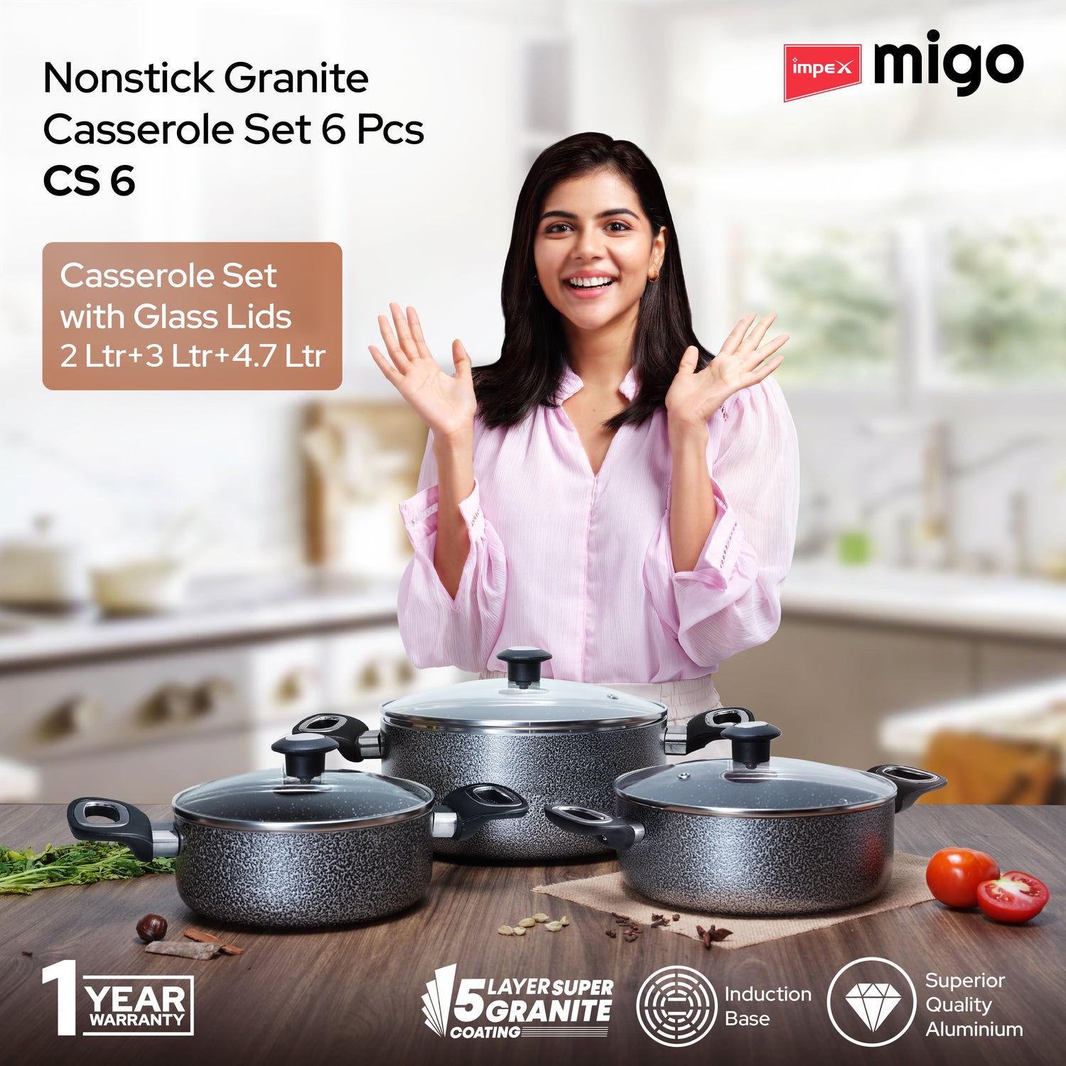 Impex Migo Cook and Serve Casserole Set 6 Pcs Nonstick Granite Cookware Set