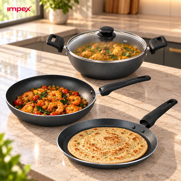 NV 444R 4-Piece Non-Stick Cookware Set | Tawa, Fry Pan & Kadai | Induction Compatible | 1 Year Warranty