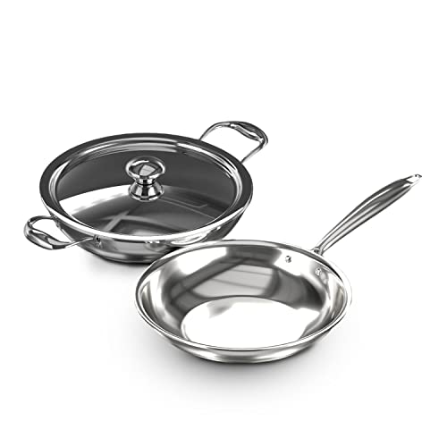 Impex Serene Triply 2 Pcs Cookware Set ( Kadaipan with lid 24cm and Frypan 24cm) | 304 Grade Stainless Steel | No PFOA Coating | lnduction Friendly Cookware, Silver