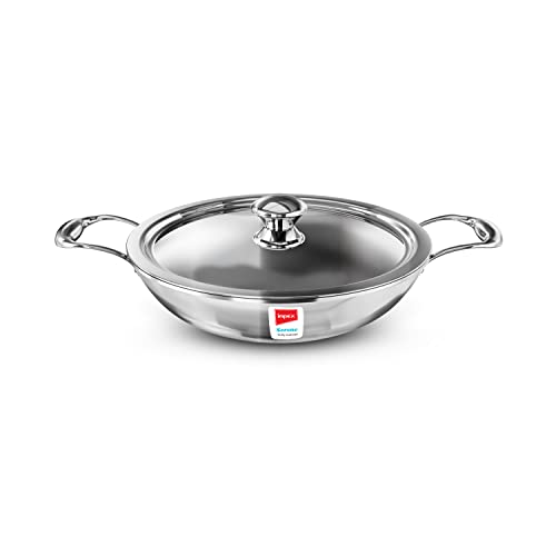 Impex Serene Triply Stainless Steel Kadai pan 24cm with Lid | 304 Grade Stainless Steel Kadai pan | No PFOA Coating | Impact Bonded Tri-Ply Bottom Induction Friendly Cookware, Kadai Pan- 2 LTR Silver
