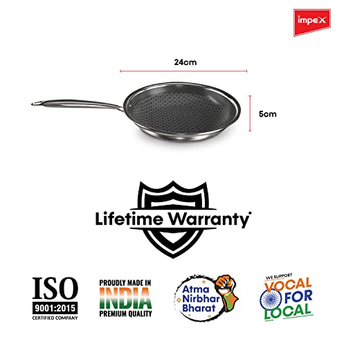 Impex Serene Triply Honeycomb Stainless Steel Frypan | 304 Grade Stainless Steel Frypan | | No PFOA Coating | Induction Friendly Cookware, Silver