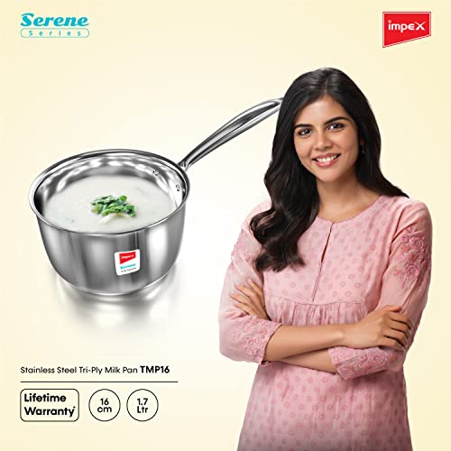 Impex Serene Triply Milk Pan 1.7 LTR | 304 Grade Stainless Steel | No PFOA Coating lnduction Cookware, Silver