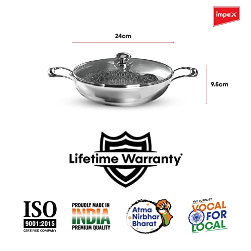Impex Serene Triply Honeycomb Stainless Steel Kadai Pan 24 cm | 304 Grade Stainless Steel Kadai Pan | | No PFOA Coating | Induction Friendly Cookware, Silver