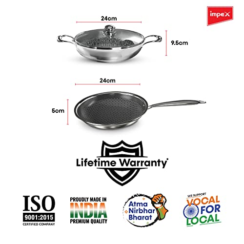 Impex Serene Triply Honeycomb Stainless Steel 2 Pcs Cookware Set ( kadai Pan 24cm and Fry Pan 24 cm )| 304 Grade Stainless Steel | No PFOA Coating | lnduction Friendly Cookware, Silver