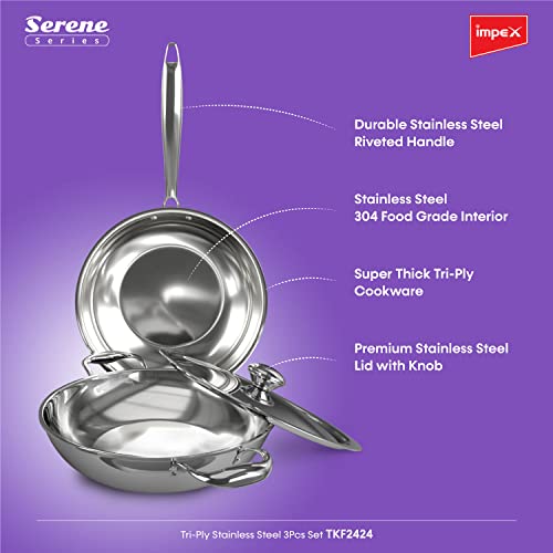 Impex Serene Triply 2 Pcs Cookware Set ( Kadaipan with lid 24cm and Frypan 24cm) | 304 Grade Stainless Steel | No PFOA Coating | lnduction Friendly Cookware, Silver