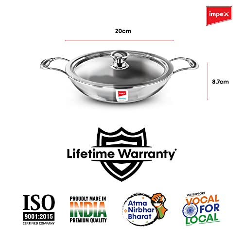 Impex Serene Triply Stainless Steel Kadai pan 20cm with Lid | 304 Grade Stainless Steel Kadai pan | No PFOA Coating | Impact Bonded Tri-Ply Bottom Induction Friendly Cookware, Kadai Pan- 1.4 LTR