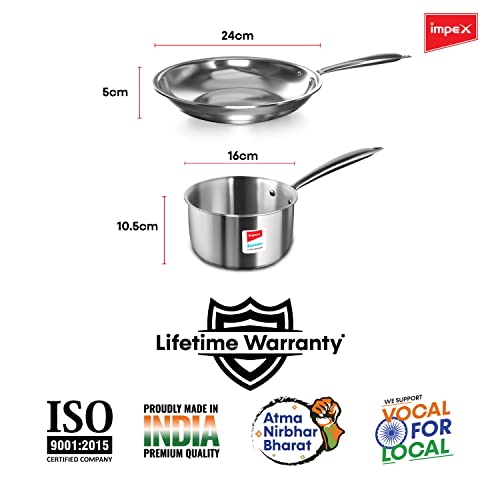 Impex Serene Triply 2 Pcs Cookware Set ( Frypan 24cm and Milkpan 16cm) | 304 Grade Stainless Steel | No PFOA Coating | lnduction Friendly Cookware, Silver