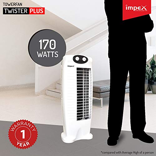Impex TWISTER PLUS Tower Fan With 25 Feet Powerful Air Throw, 3 Speed 2 Way Air Deflection & High Speed 2250 m3/hr Air Delivery (1200 Rpm, Black & White)