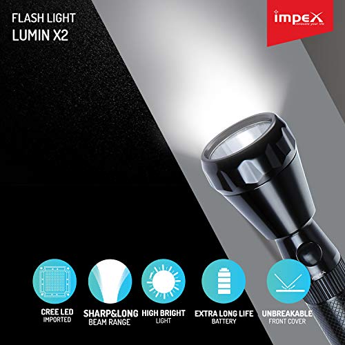 Impex Lumin-X2 Rechargeable Super Bright LED Light Flashlight with Sharp & Long Range Beam, Machined Aircraft Aluminium Body (220 mm)