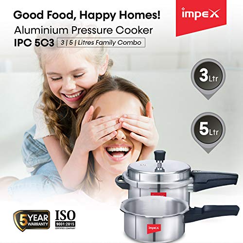 Impex IPC 5C3 Induction Base Outer Lid Aluminium Pressure Cooker,5 litres and 3 litres, Silver