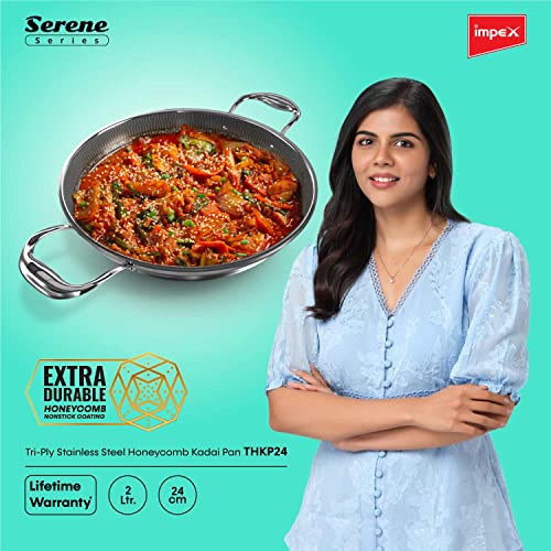 Impex Serene Triply Honeycomb Stainless Steel Kadai Pan 24 cm | 304 Grade Stainless Steel Kadai Pan | | No PFOA Coating | Induction Friendly Cookware, Silver
