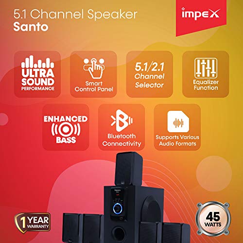 Impex Santo 45 Watts 5.1 Channel Multimedia Speaker System with USB/SD/MMC Card/Bluetooth/FM Radio & Remote Function (Black)