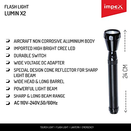 Impex Lumin-X2 Rechargeable Super Bright LED Light Flashlight with Sharp & Long Range Beam, Machined Aircraft Aluminium Body (220 mm)