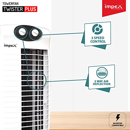 Impex TWISTER PLUS Tower Fan With 25 Feet Powerful Air Throw, 3 Speed 2 Way Air Deflection & High Speed 2250 m3/hr Air Delivery (1200 Rpm, Black & White)