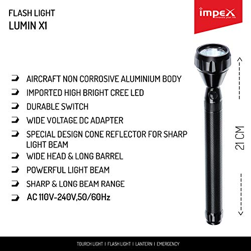 Impex Lumin-X1 Rechargeable Super Bright LED Light Flashlight with Sharp & Long Range Beam, Machined Aircraft Aluminium Body, (200 mm)