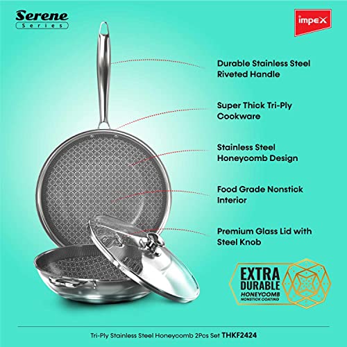 Impex Serene Triply Honeycomb Stainless Steel 2 Pcs Cookware Set ( kadai Pan 24cm and Fry Pan 24 cm )| 304 Grade Stainless Steel | No PFOA Coating | lnduction Friendly Cookware, Silver