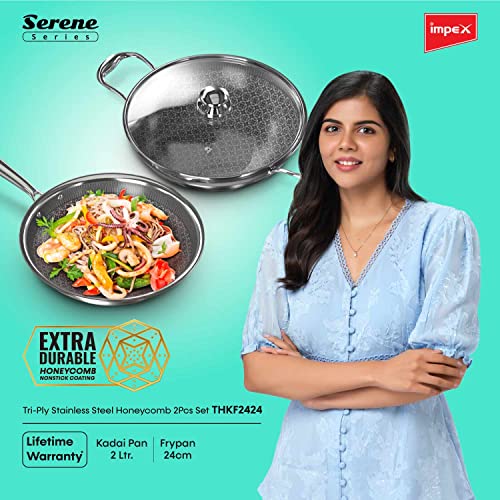 Impex Serene Triply Honeycomb Stainless Steel 2 Pcs Cookware Set ( kadai Pan 24cm and Fry Pan 24 cm )| 304 Grade Stainless Steel | No PFOA Coating | lnduction Friendly Cookware, Silver