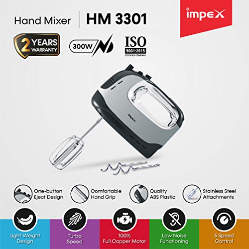Impex HM-3301 300 Watt Hand Mixer with 2 Hooks & Beaters (Black & SS Finish)