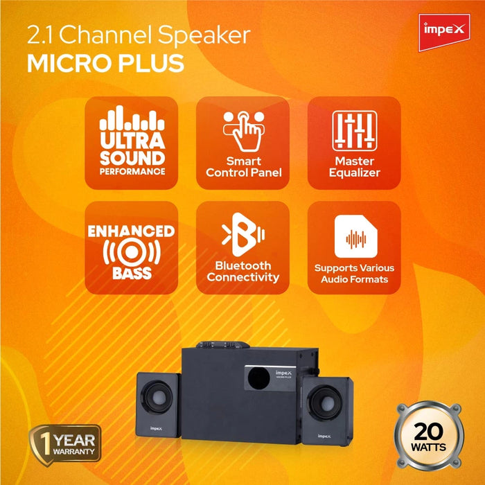 Impex Micro Plus 20 Watts 2.1 Channel Multimedia Speaker System with USB/SD/MMC Card/Bluetooth & Remote Function (Black)