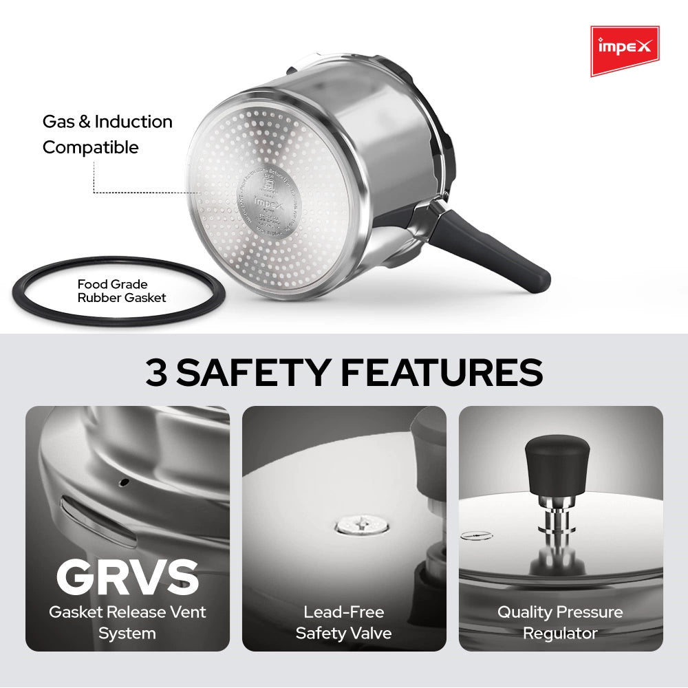 Impex ECO 2 Litre Aluminium Pressure Cooker | Induction Base Outer Lid, Silver | Gas & Induction Compatible, Fast Heating & Durable Cooker