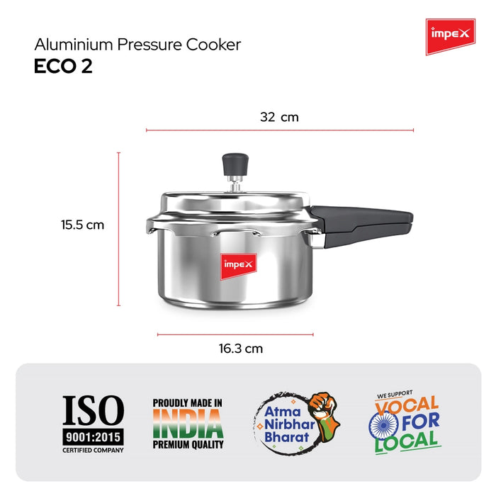 Impex ECO 2 Induction Base Outer Lid Aluminium Pressure Cooker, 2 litres, Silver
